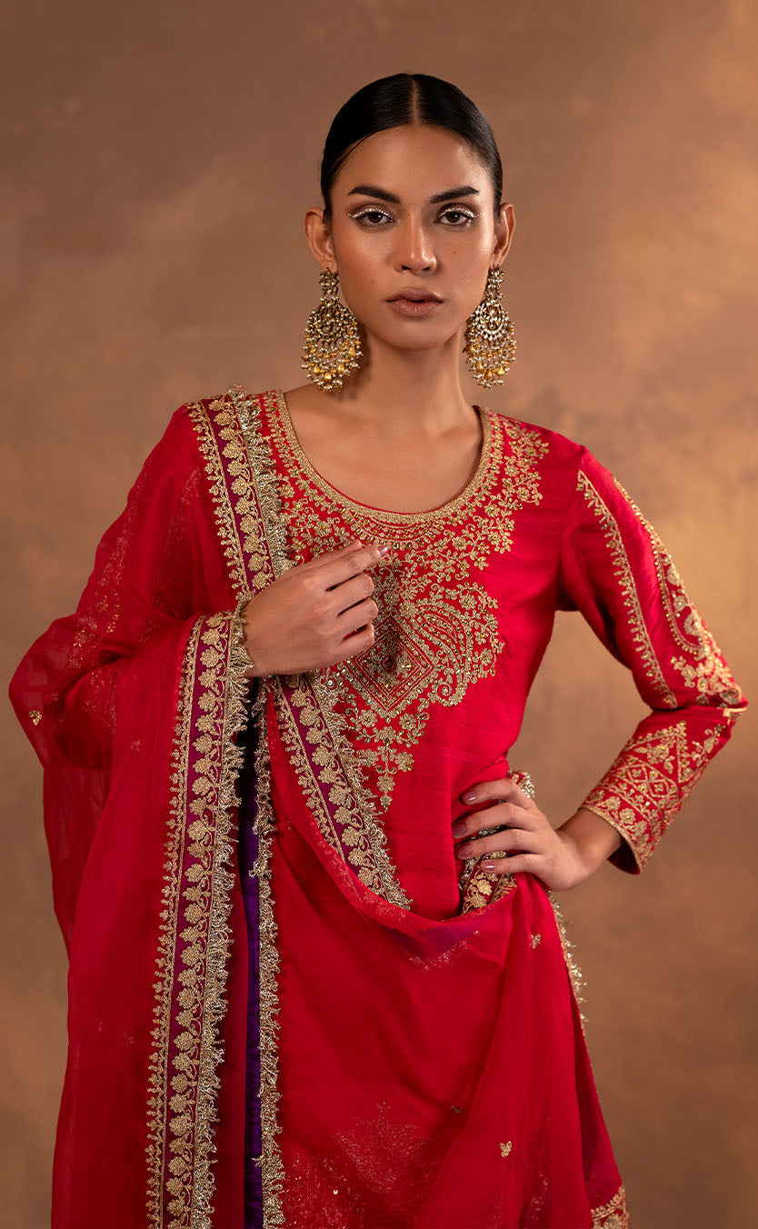 Aari Embroidered Silk Kurta with Salwar & Organza Dupatta