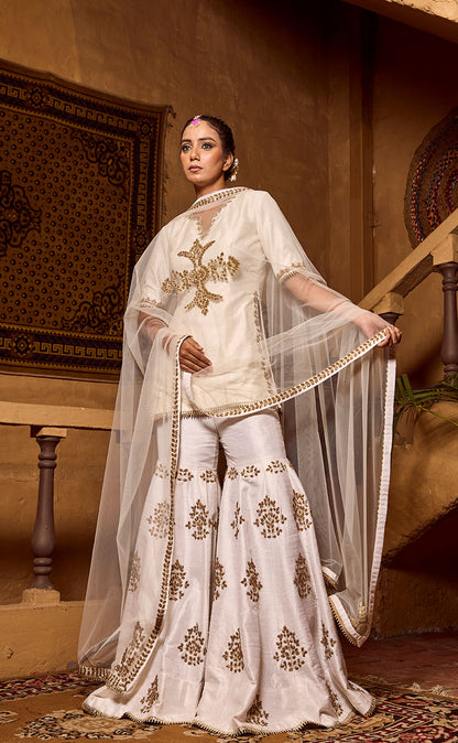 Hand Embroidered Silk Kurta & Garara with Net Dupatta