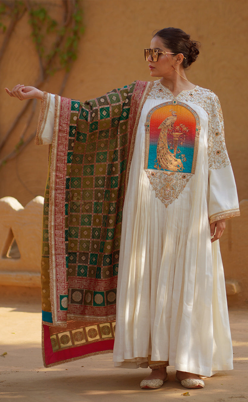 Zardozi Embroidered kalidaar Set with Pakistani Salwar and Banarsi Dupatta