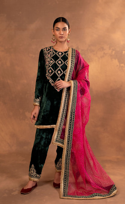 Hand Embroidered Velvet Kurta & Salwar Set with Organza Dupatta