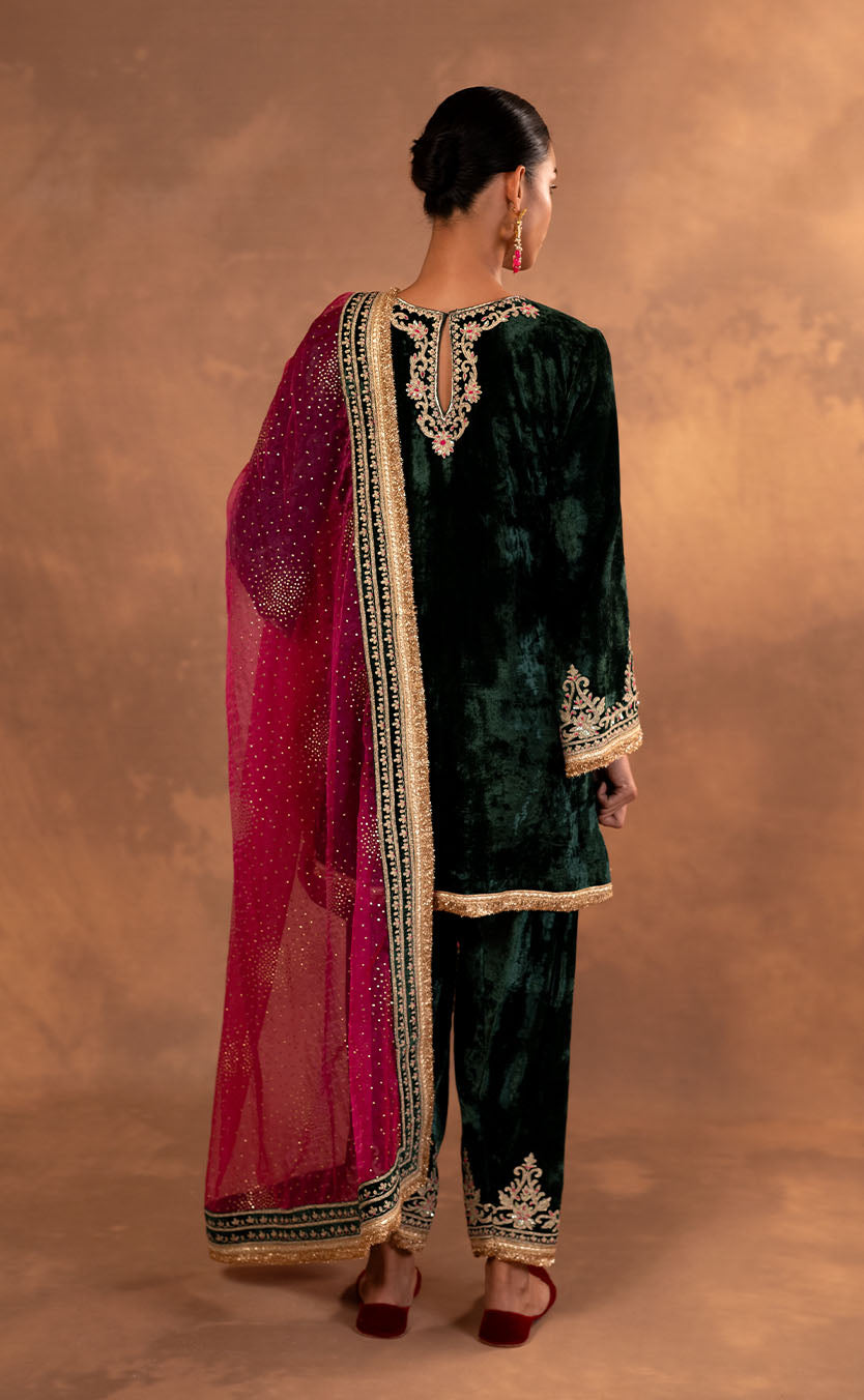 Hand Embroidered Velvet Kurta & Salwar Set with Organza Dupatta