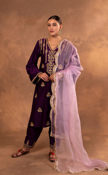 A-Line Kurta Set with Pakistani Salwar and Organza Dupatta