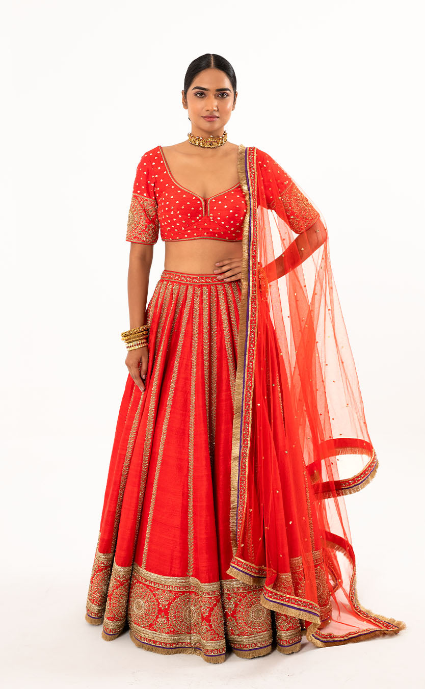 Zardozi Embroidered Silk Lehenga Choli Set with Net Dupatta