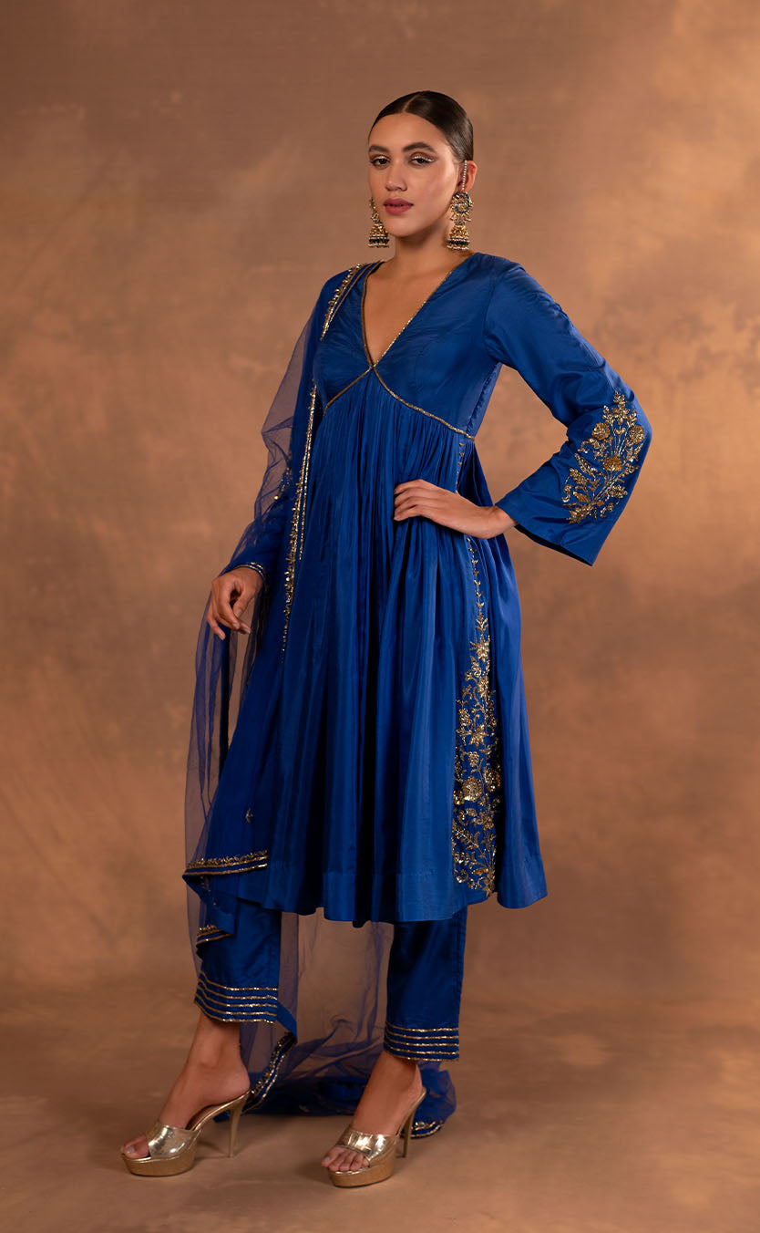 Hand Embroidered Long Pleated Silk Anarkali and Plazzo with Net Dupatta