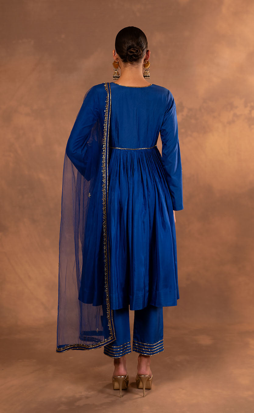 Hand Embroidered Long Pleated Silk Anarkali and Plazzo with Net Dupatta