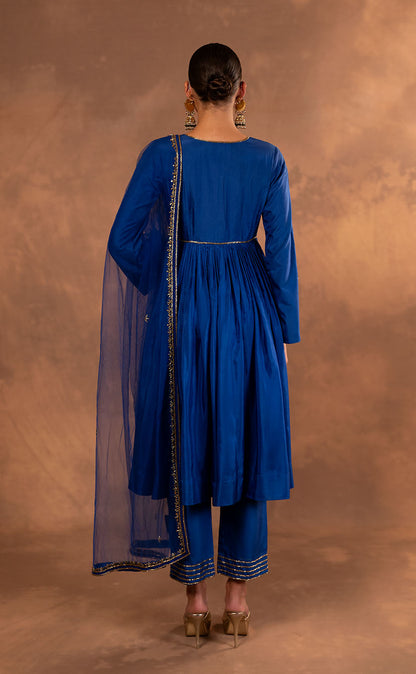 Hand Embroidered Long Pleated Silk Anarkali and Plazzo with Net Dupatta