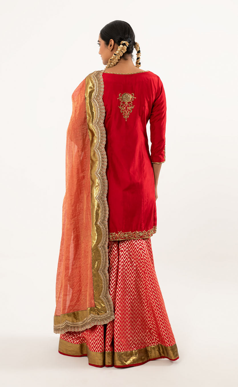 Hand Embroidered Silk Kurta Set with Banarasi Garara and Dupatta