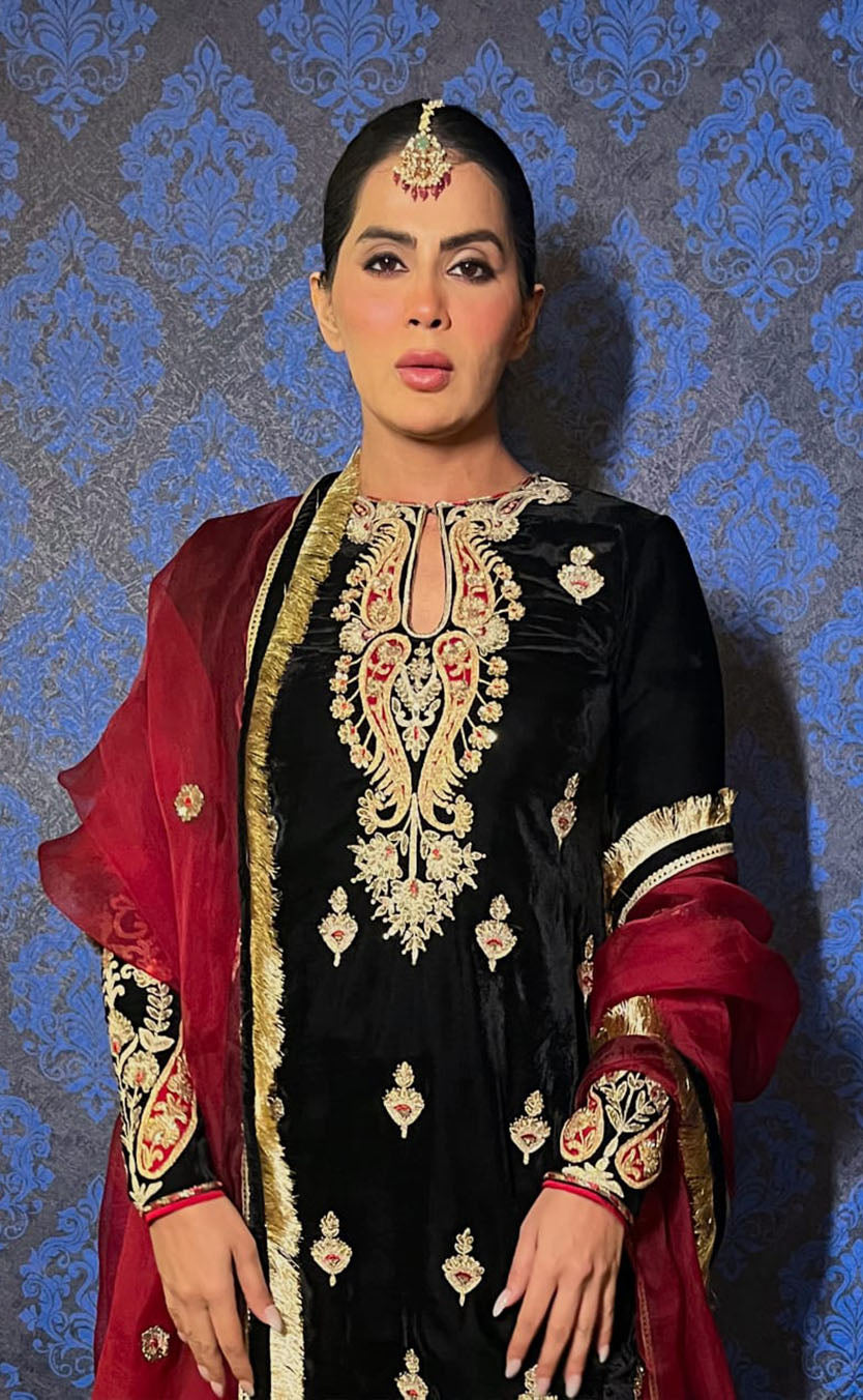 Short Velvet Kurta with Garara and Hand Embroidered Organza Dupatta