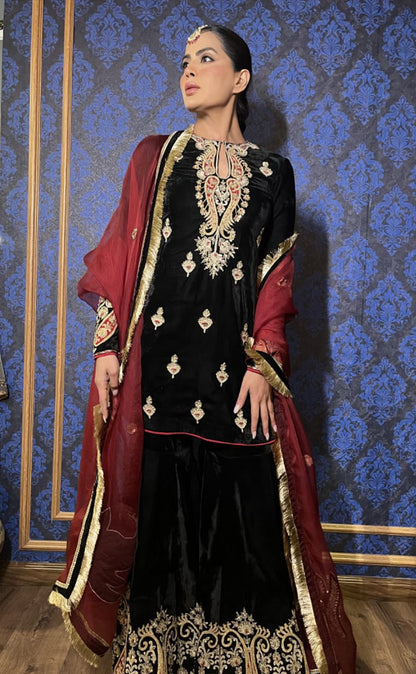 Short Velvet Kurta with Garara and Hand Embroidered Organza Dupatta