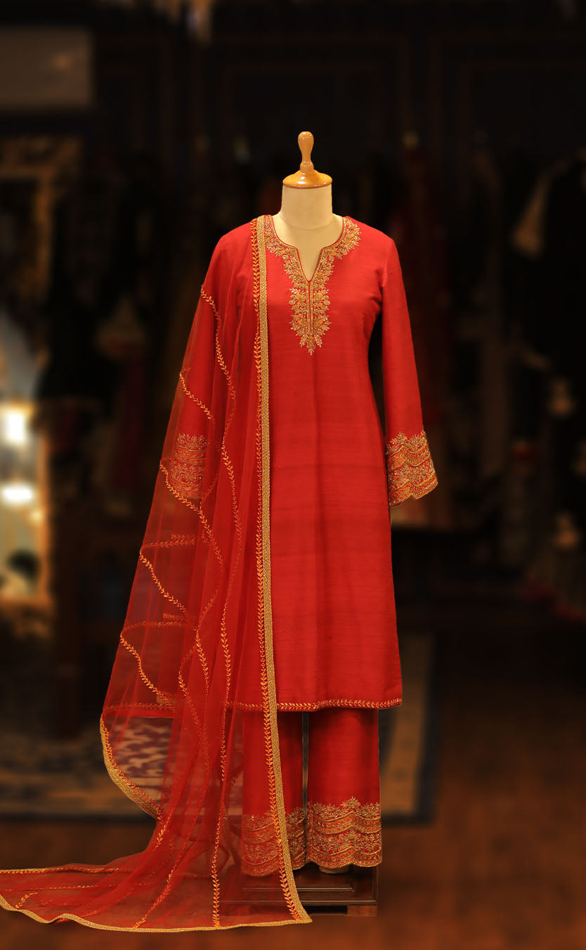 Hand Embroidered Long Kurta & Pants Set with Net Dupatta