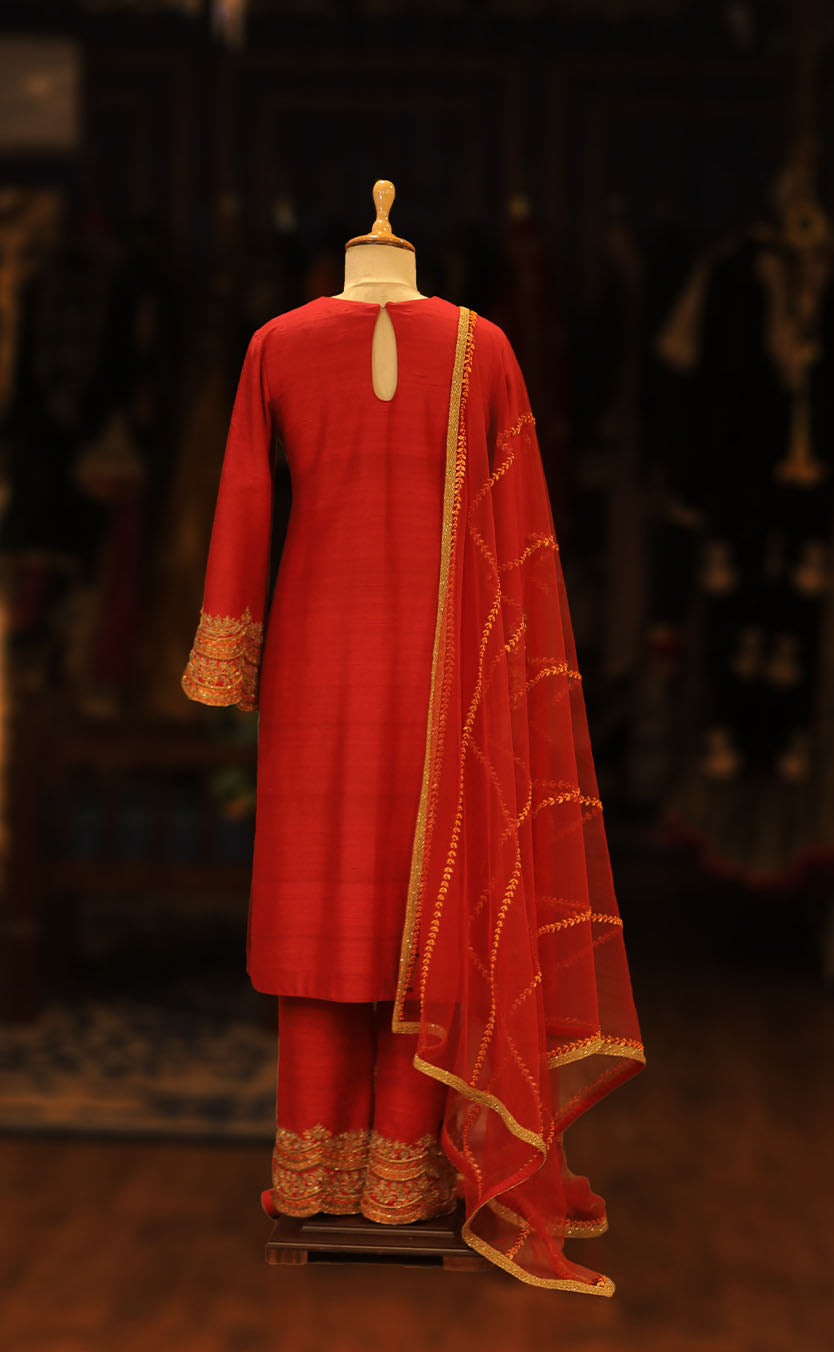 Hand Embroidered Long Kurta & Pants Set with Net Dupatta