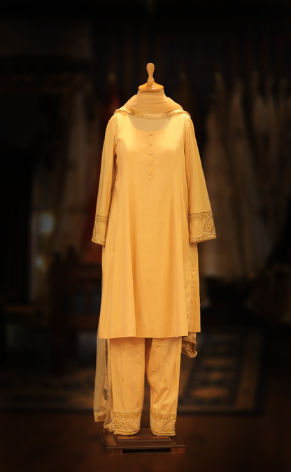 Hand Embroidered Princess Cut Kurta Set with Salwar and Net Dupatta