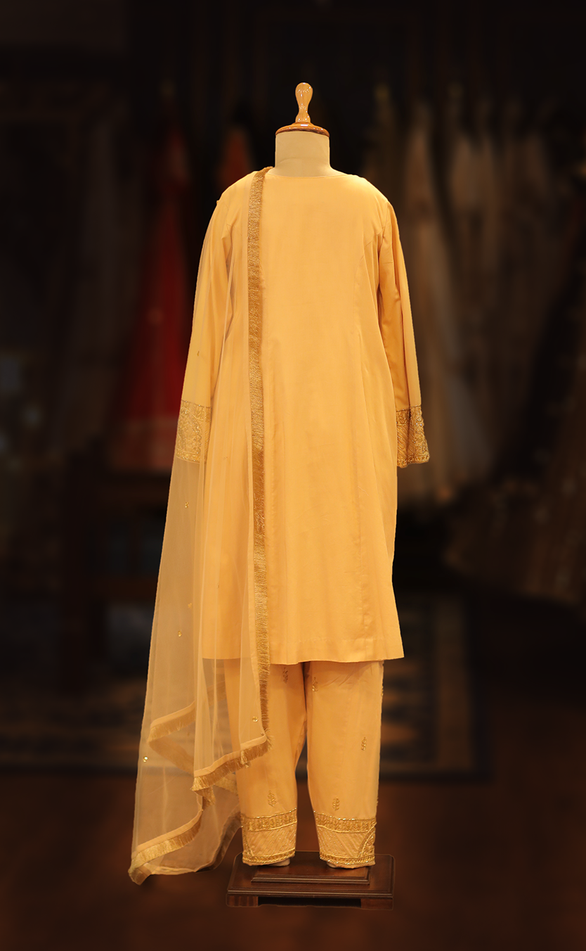 Hand Embroidered Princess Cut Kurta Set with Salwar and Net Dupatta