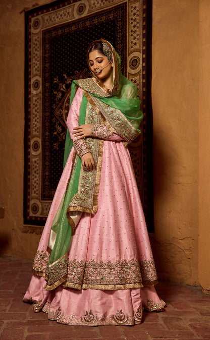 Zardozi Embroidered Anarkali with Koti, Lehenga, and Organza Dupatta