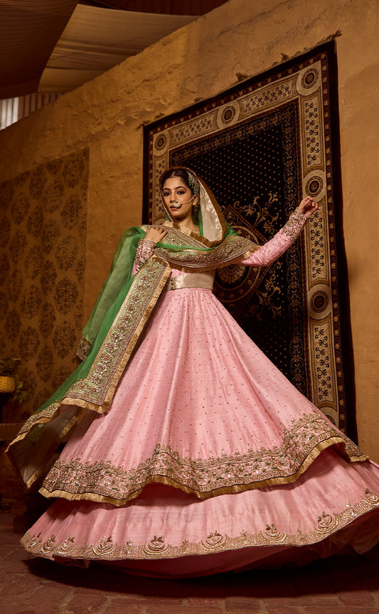 Zardozi Embroidered Anarkali with Koti, Lehenga, and Organza Dupatta