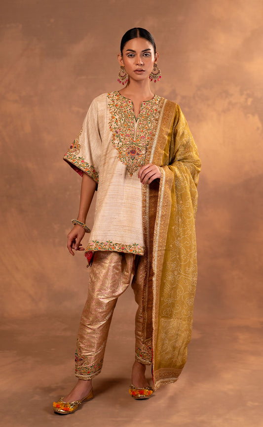 Embroidered Kaftan Cut Kurta Set with Pakistani Salwar and Dupatta