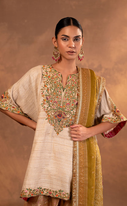 Embroidered Kaftan Cut Kurta Set with Pakistani Salwar and Dupatta