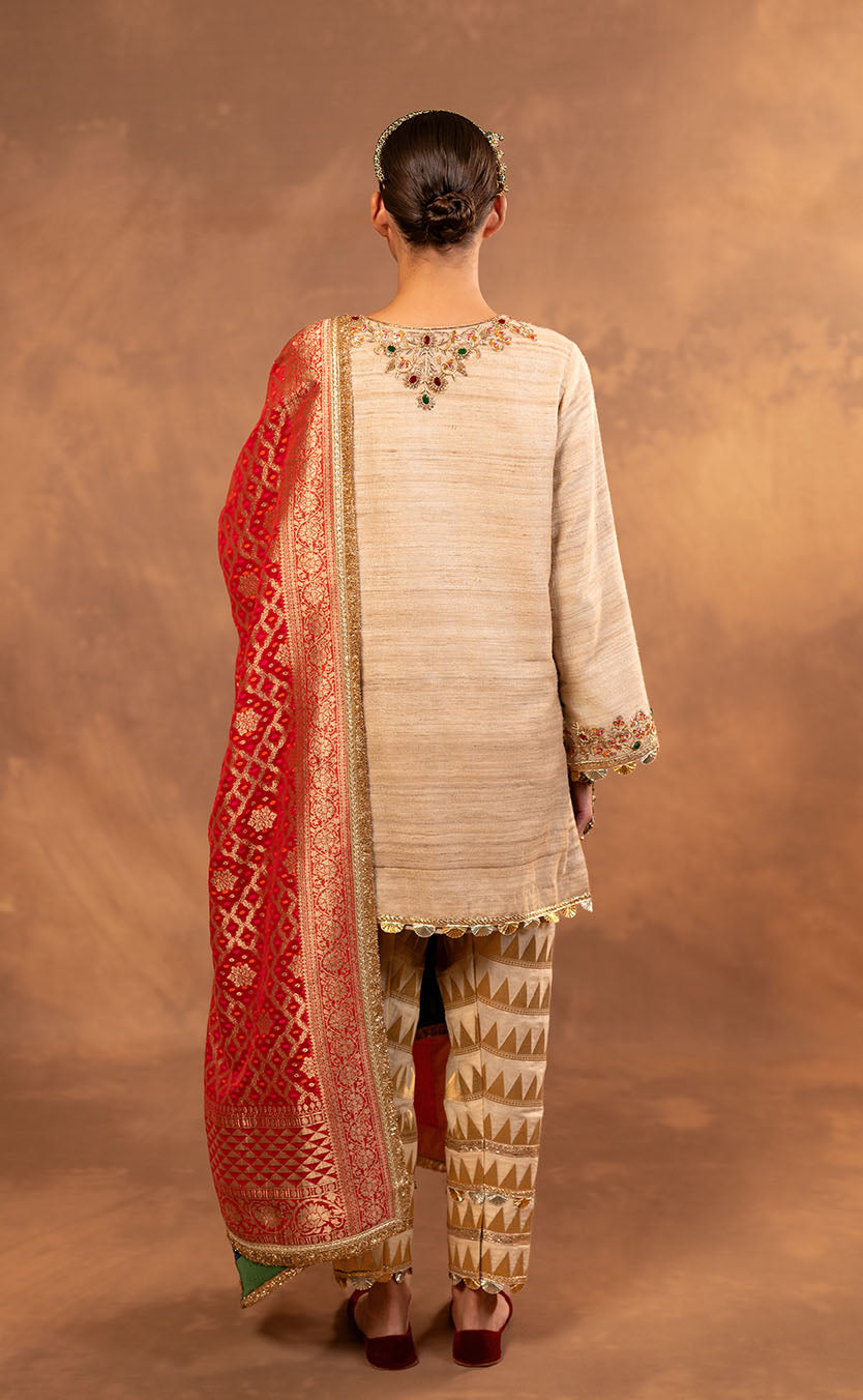 Hand Embroidered Straight Cut Kurta Set with Brocade Pakistani Salwar and Dupatta