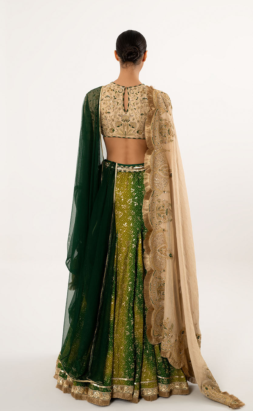 Bandhani Lehenga Set with Zardozi Blouse and Double Dupatta