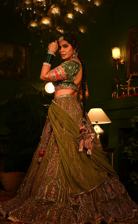 Hand Embroidered Lehenga Set with Bandhani Blouse and Double Dupatta