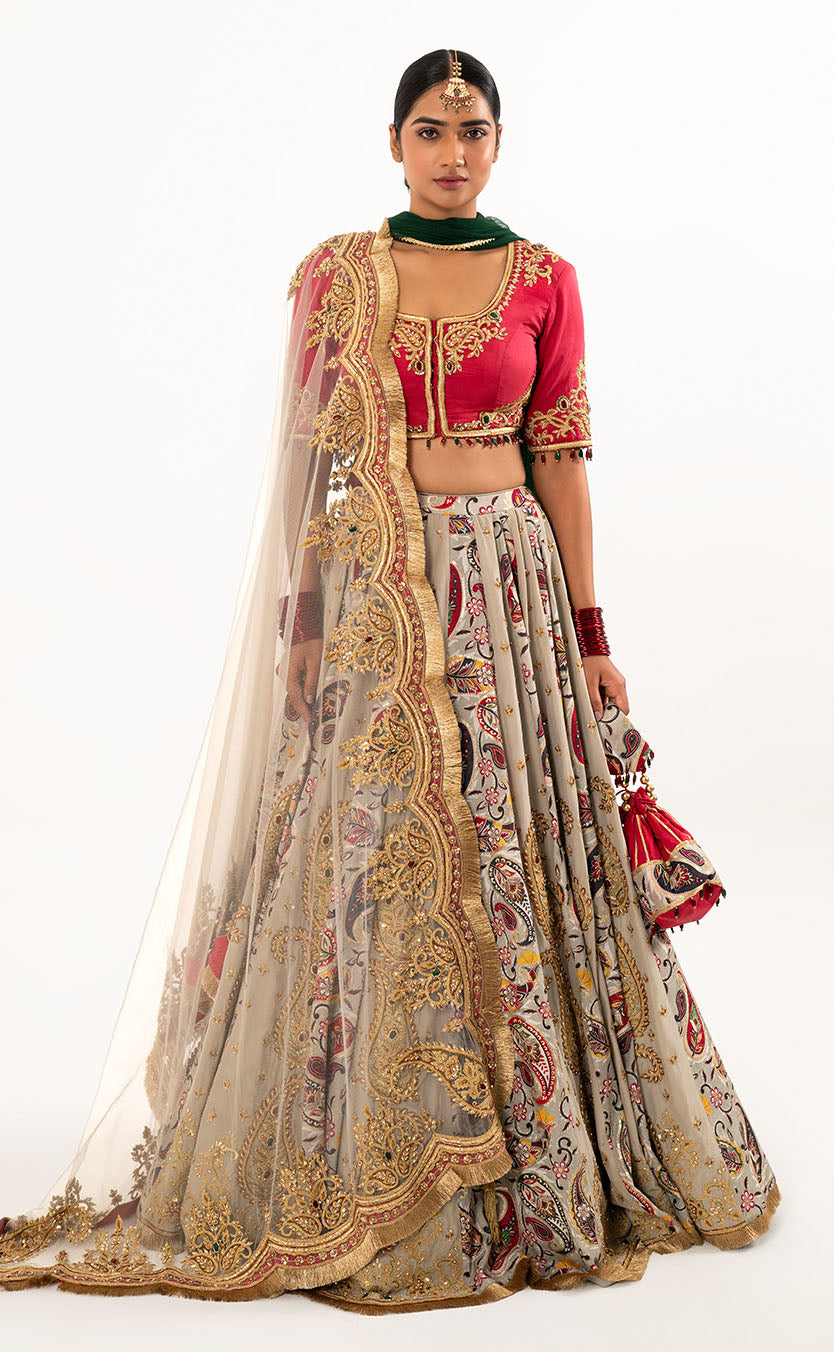 Jewelled Blouse with Embroidered Printed Lehenga and Double Dupatta