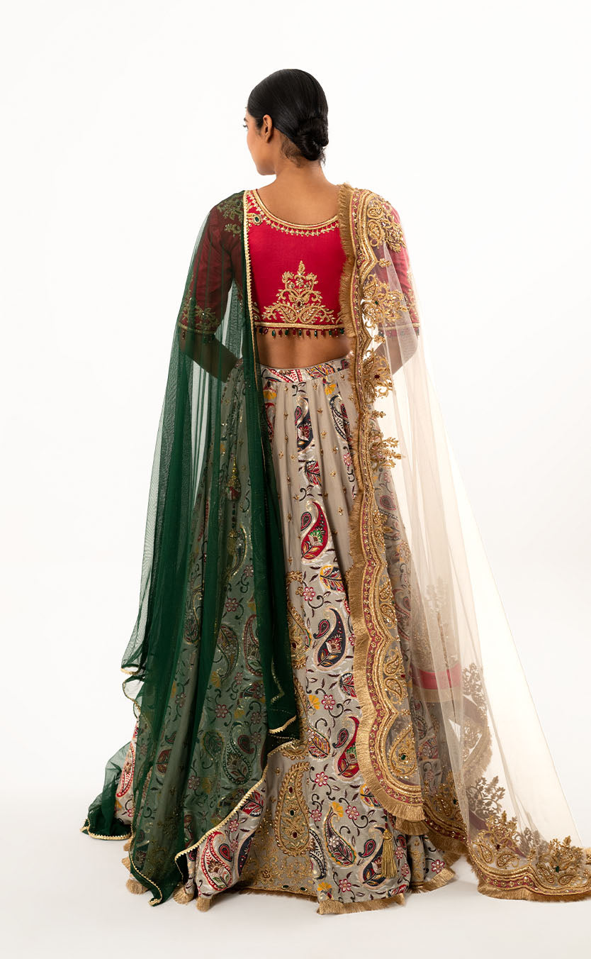 Jewelled Blouse with Embroidered Printed Lehenga and Double Dupatta