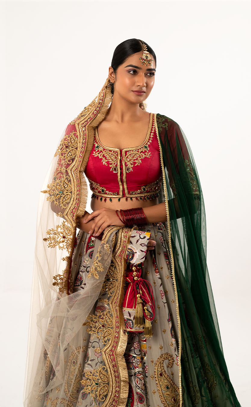 Jewelled Blouse with Embroidered Printed Lehenga and Double Dupatta