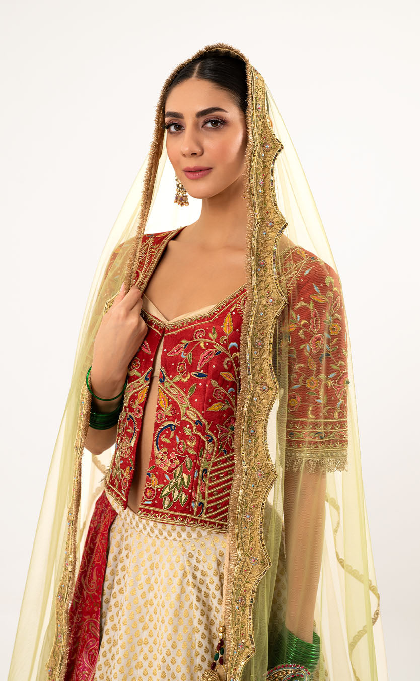 Embroidered Lehenga Set with Hand Embroidered Koti, Blouse, and Dupatta