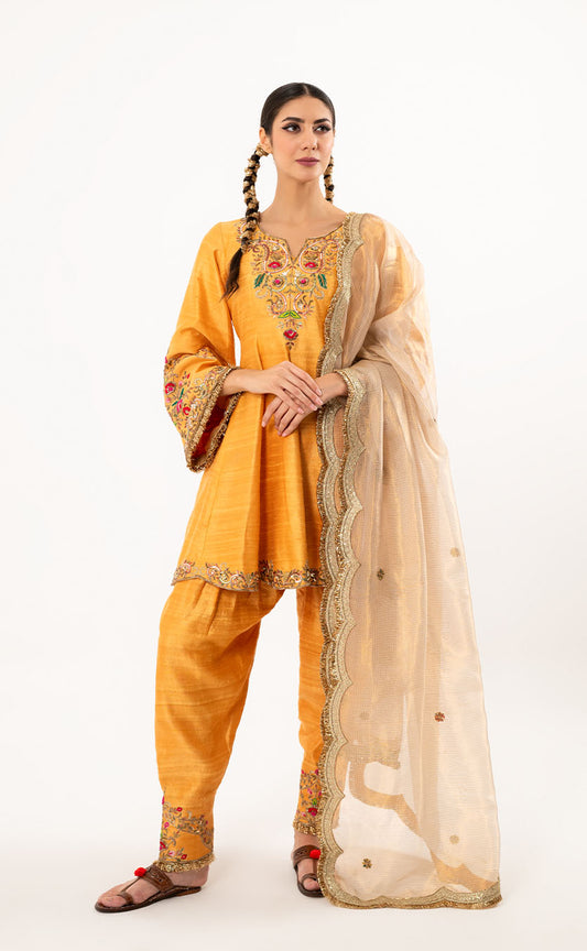 Embroidered Short Anarkali Set with Pakistani Salwar and Dupatta