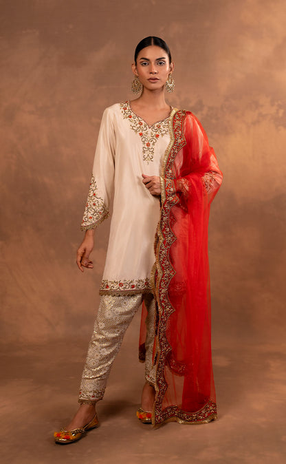 Hand Embroidered Straight Kurta Set with Pakistani Salwar and Orange Net Dupatta