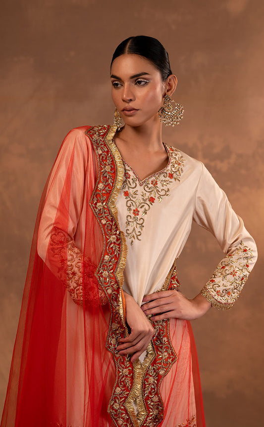 Hand Embroidered Straight Kurta Set with Pakistani Salwar and Orange Net Dupatta