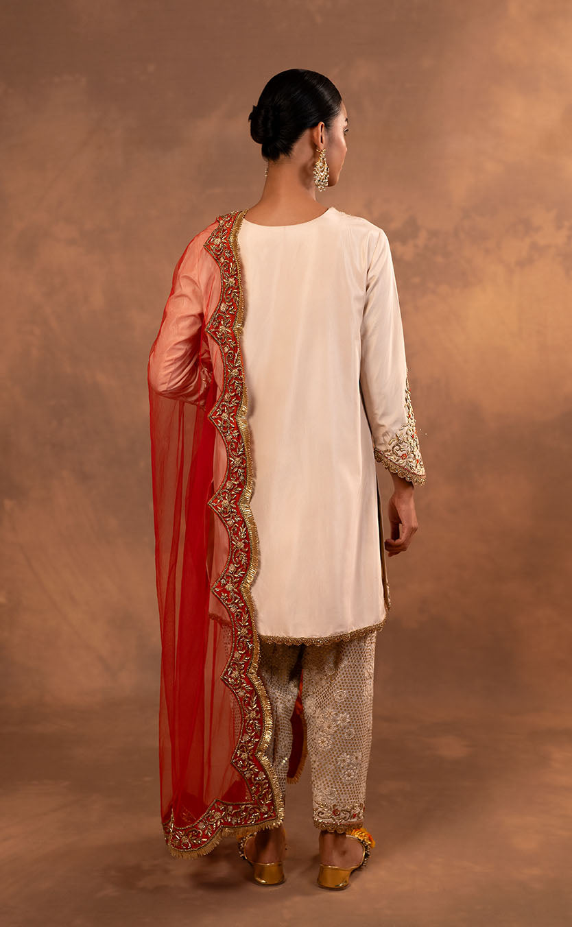 Hand Embroidered Straight Kurta Set with Pakistani Salwar and Orange Net Dupatta