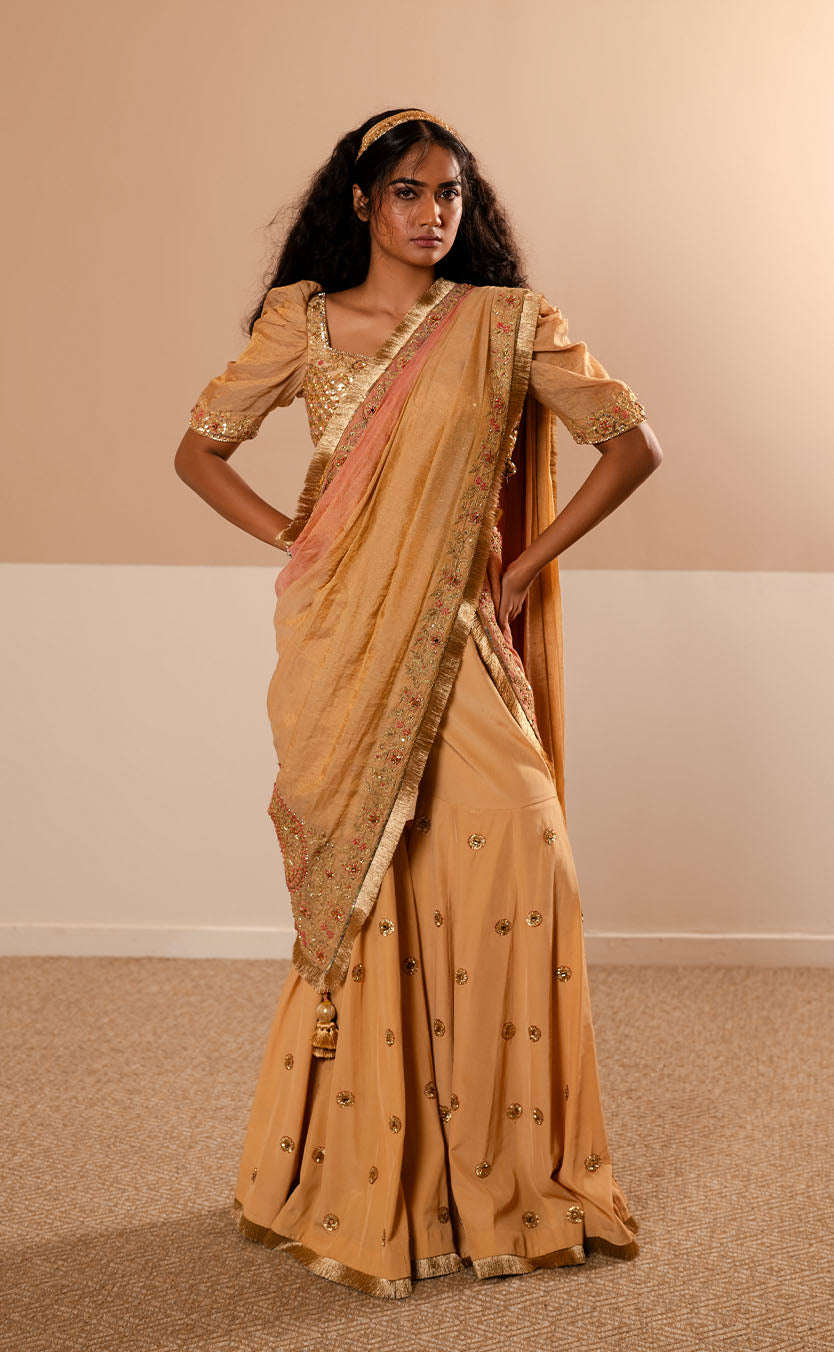 Embroidered Draped Garara Saree with Heavy Sequinced Blouse and Palla