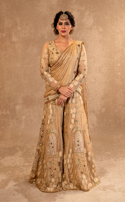 Zardozi Embroidered Draped Sharara Saree with Heavy Blouse and Palla