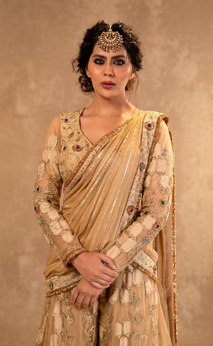 Zardozi Embroidered Draped Sharara Saree with Heavy Blouse and Palla