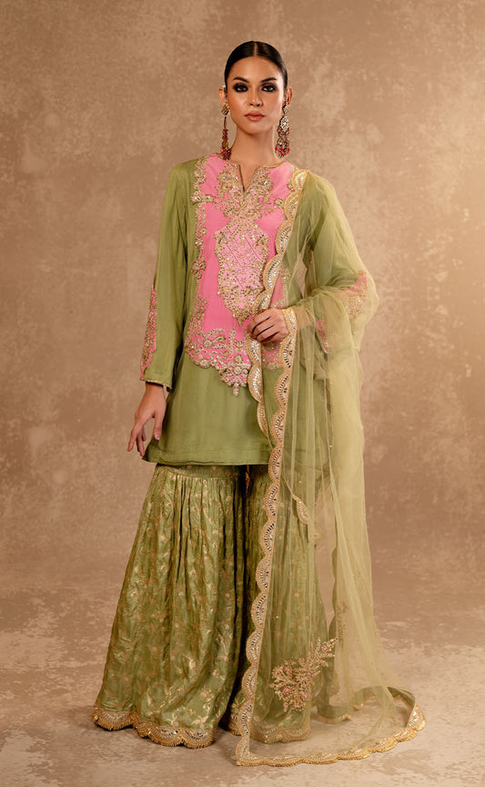 Zardozi hand Embroidered Kurta and Garara Set with Dupatta