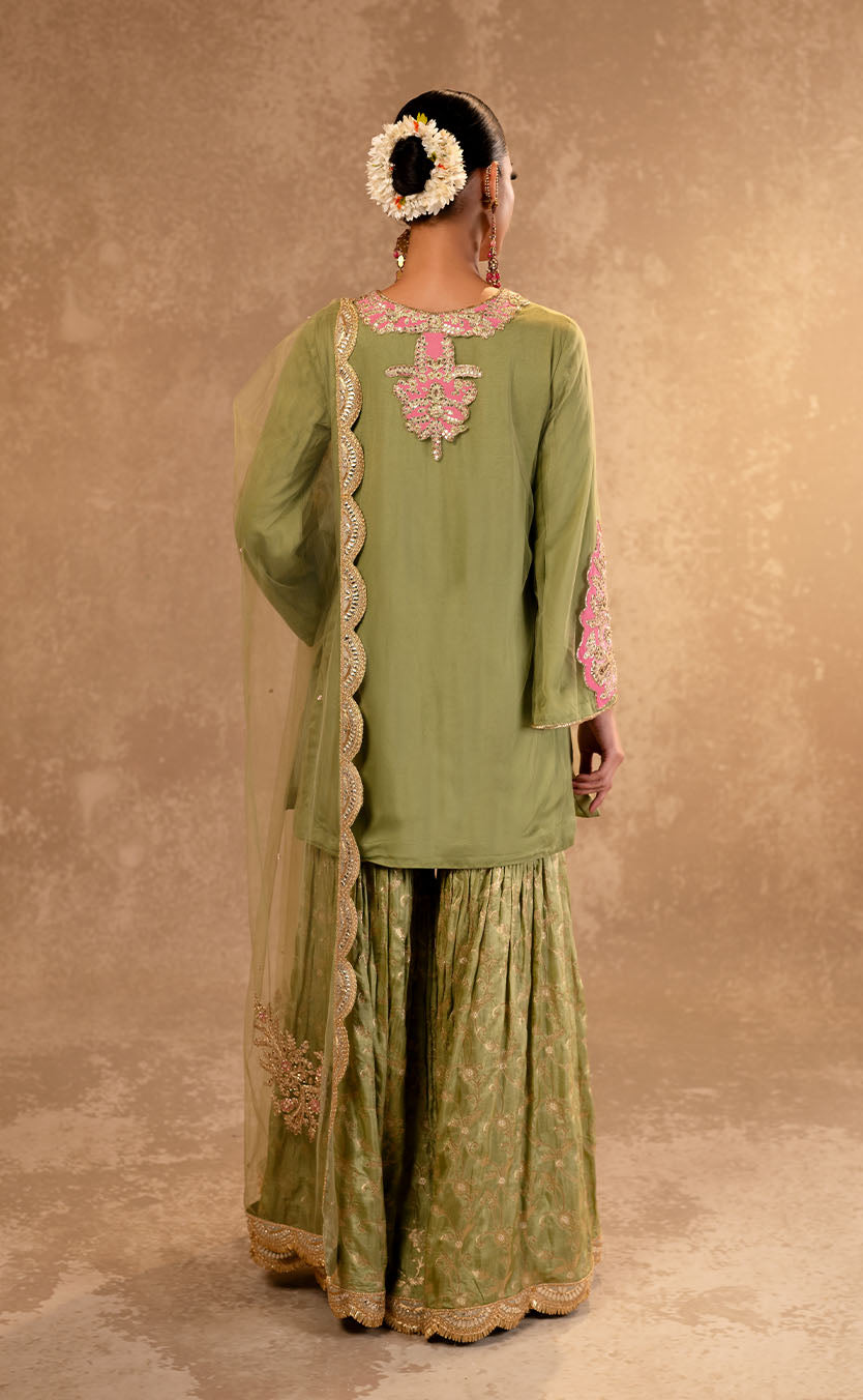 Zardozi hand Embroidered Kurta and Garara Set with Dupatta