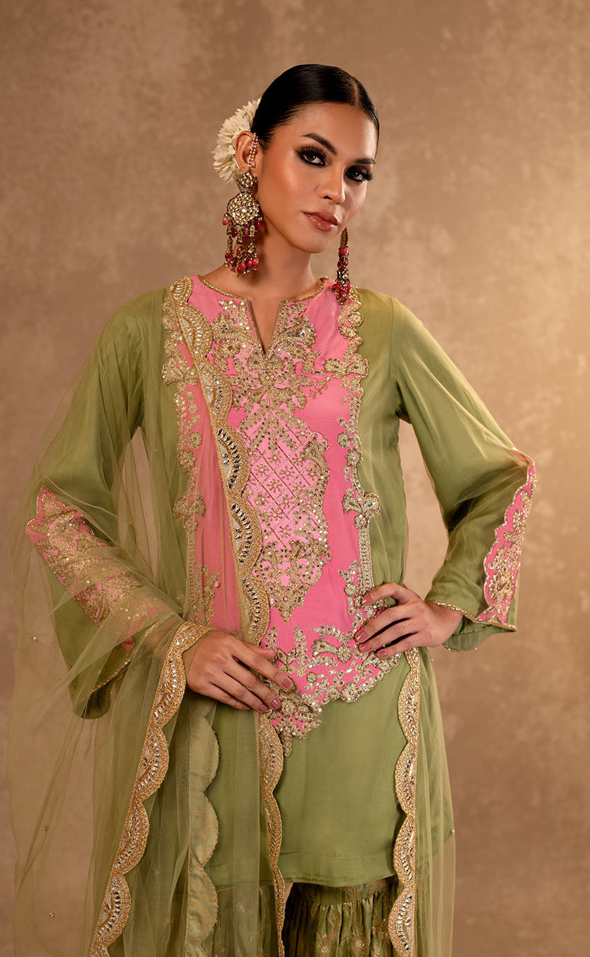 Zardozi hand Embroidered Kurta and Garara Set with Dupatta