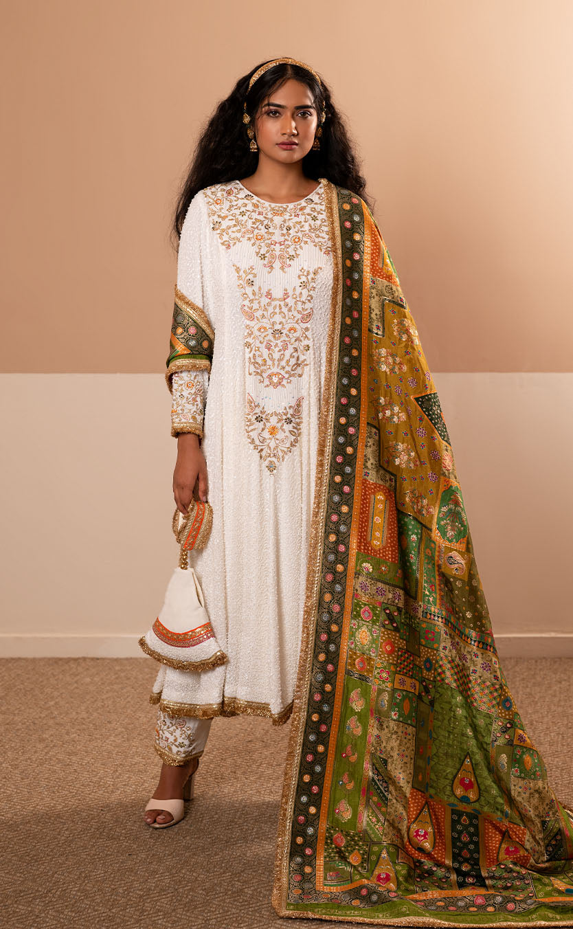 Long Sequinced Anarkali Set with Pakistani Salwar and Printed Dupatta