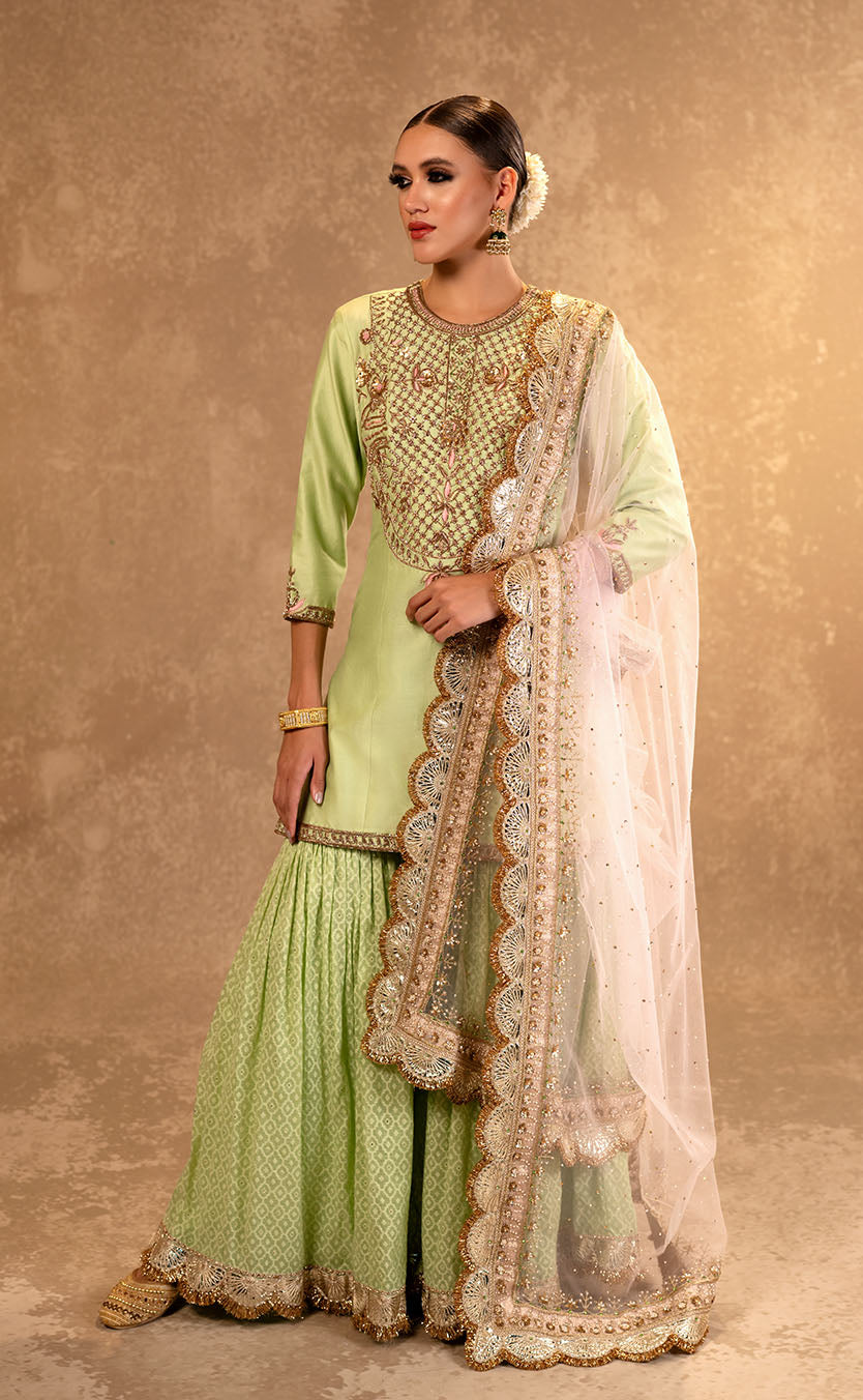 Zardozi Embroidered Kurta and Woven Garara with Hand Embroidered Dupatta