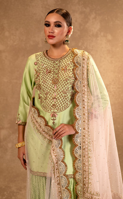 Zardozi Embroidered Kurta and Woven Garara with Hand Embroidered Dupatta