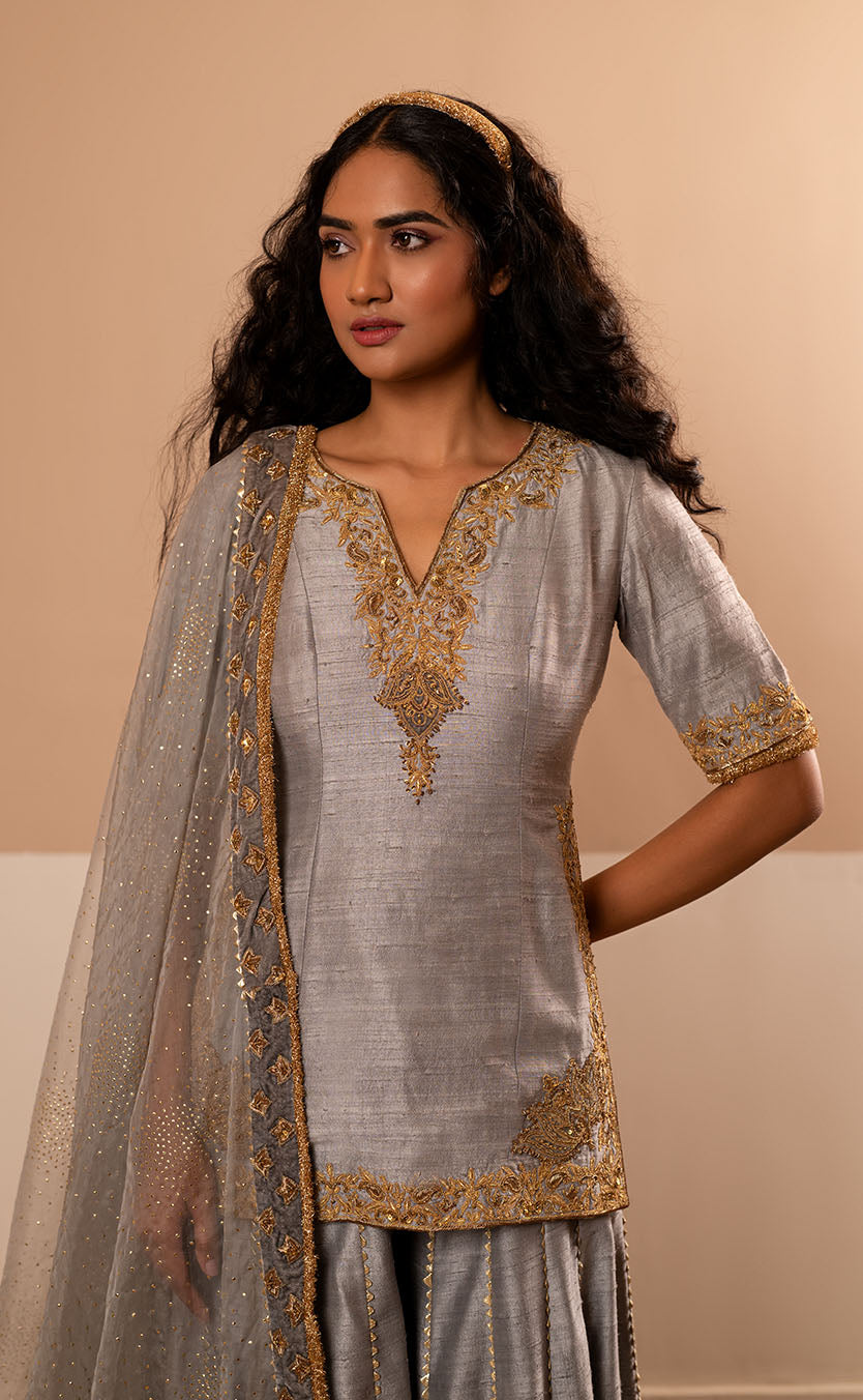 Fine Silk Kurta Set with Sharara and Organza Dupatta