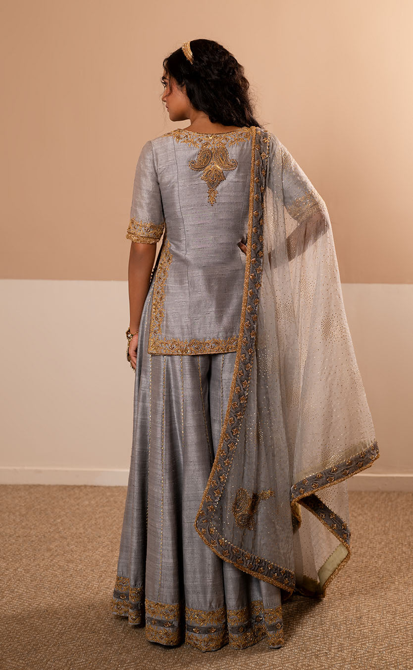 Fine Silk Kurta Set with Sharara and Organza Dupatta