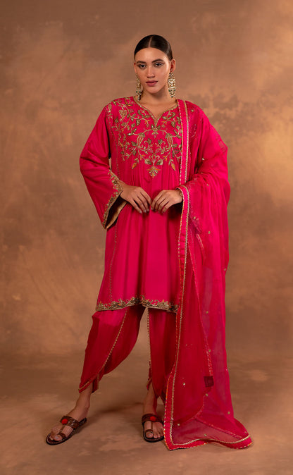 Mid-Length Silk Kurta & Dhoti Salwar Set with Organza Dupatta