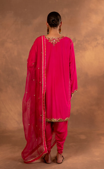 Mid-Length Silk Kurta & Dhoti Salwar Set with Organza Dupatta