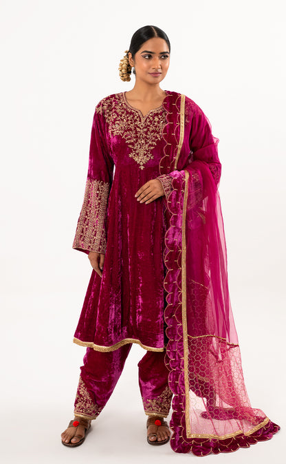 Velvet Short Anarkali & Pakistani Salwar Set with Organza Dupatta