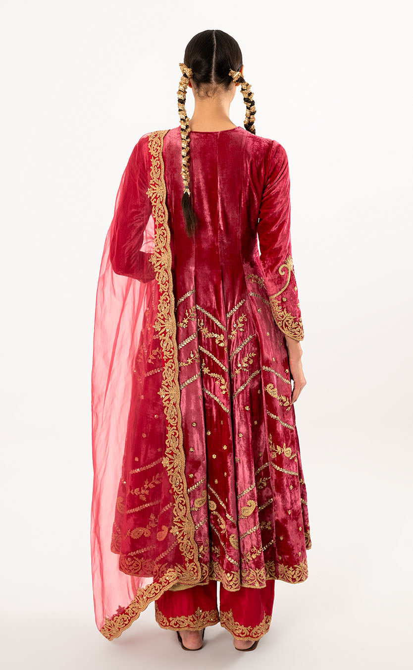 Hand Embroidered Velvet Anarkali with Silk Salwar and Organza Dupatta