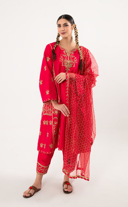 Fine Silk Short Kurta & Silk Sharara Set with Organza Dupatta