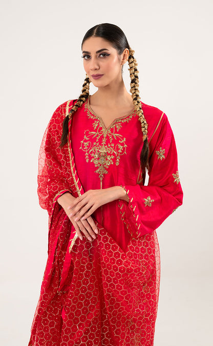 Fine Silk Short Kurta & Silk Sharara Set with Organza Dupatta