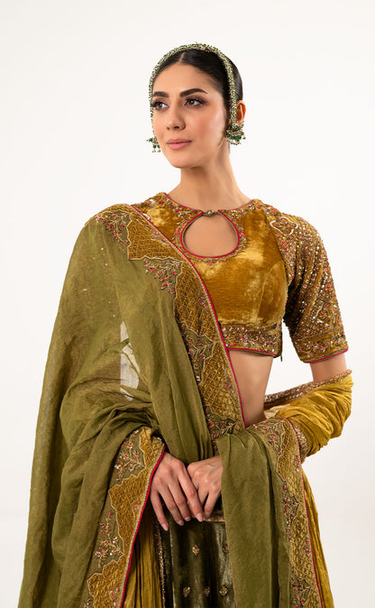 Royal Velvet Ensemble Lehenga, Choli, Dupatta & Dushala